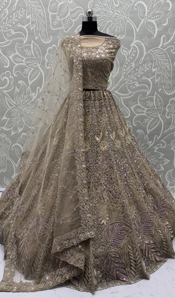 Golden Net A - Line Lehenga Choli with Diamond, Dori, Embroidered, Fancy, Multi, Sequins, Thread and Zircon Work